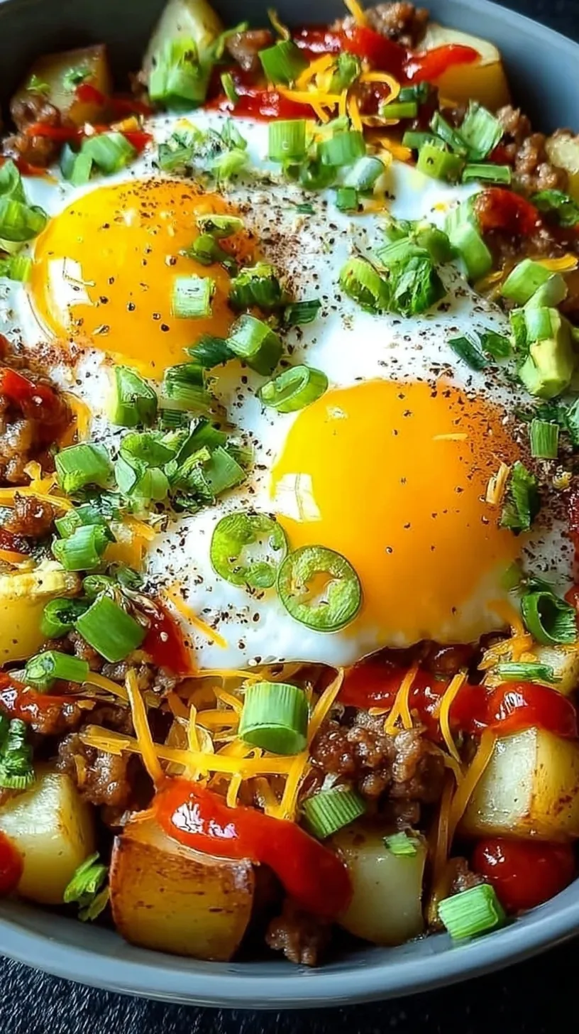 Four breakfast bowls filled with roasted potatoes, browned sausage, scrambled eggs, and melted cheddar cheese.