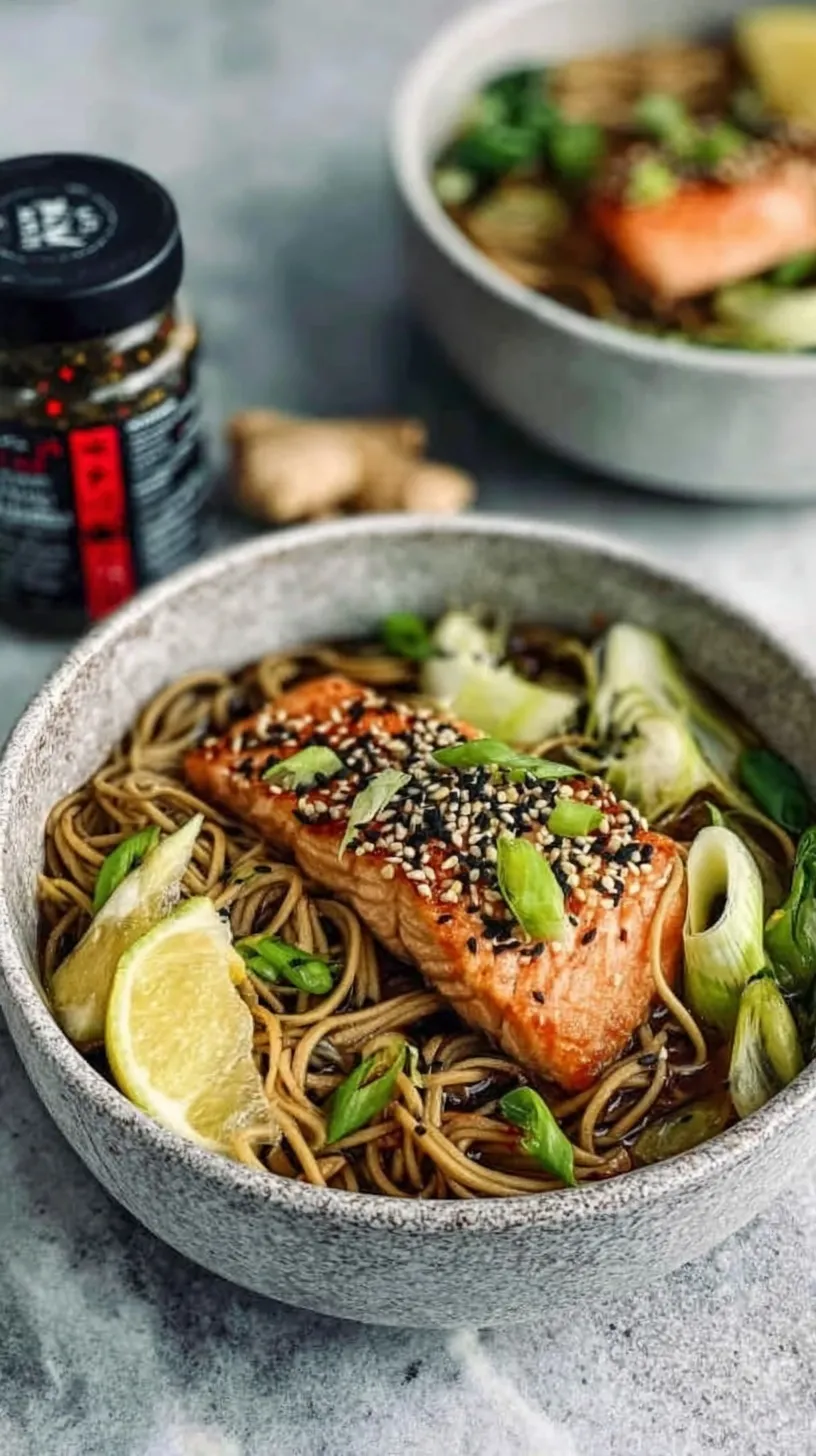 A colorful Sesame Ginger Soba Noodle Bowl topped with seared salmon, edamame, and cucumber slices.