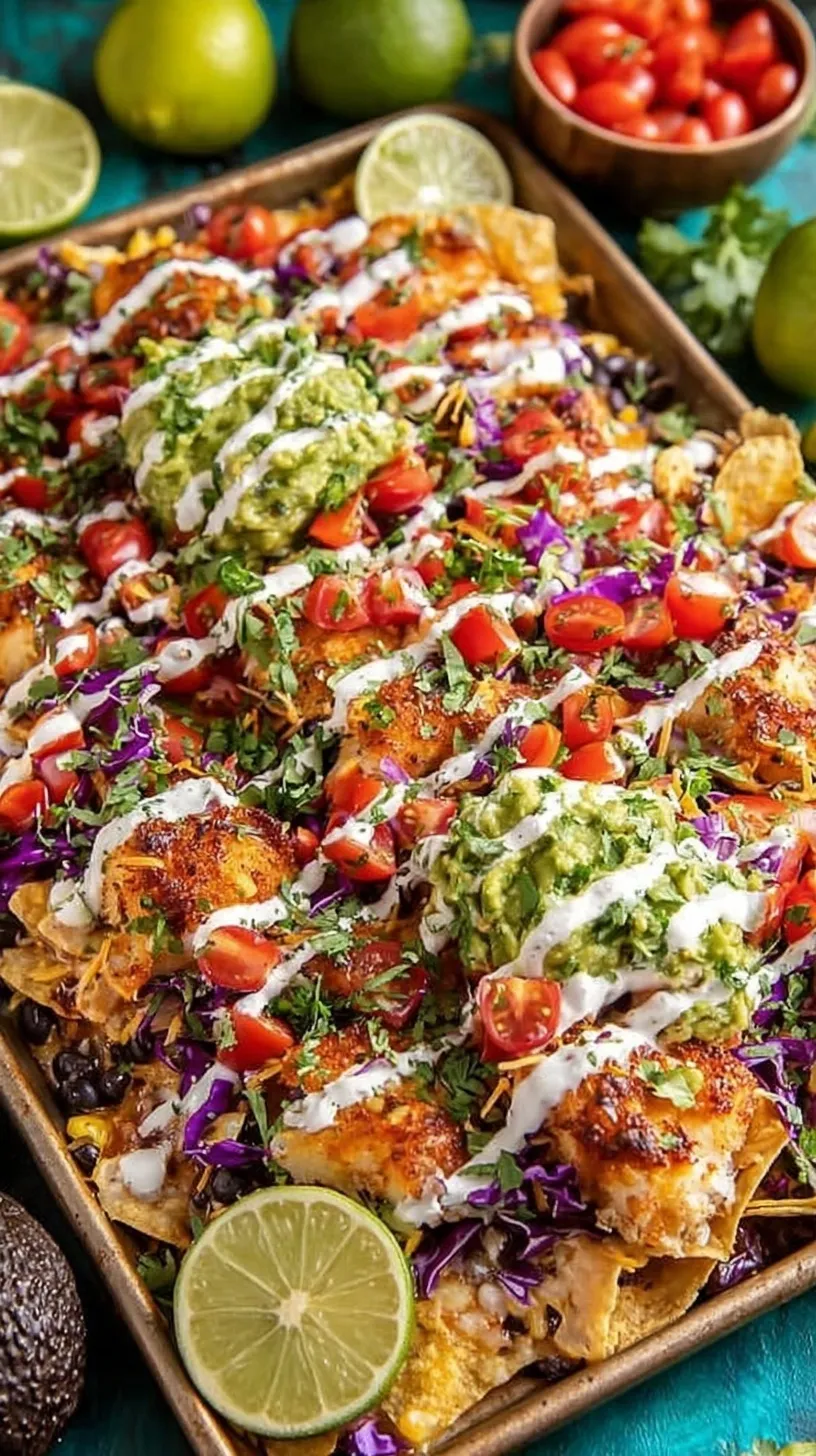 A colorful sheet pan filled with blackened tilapia fish nachos topped with avocado, cilantro, and melted cheese.