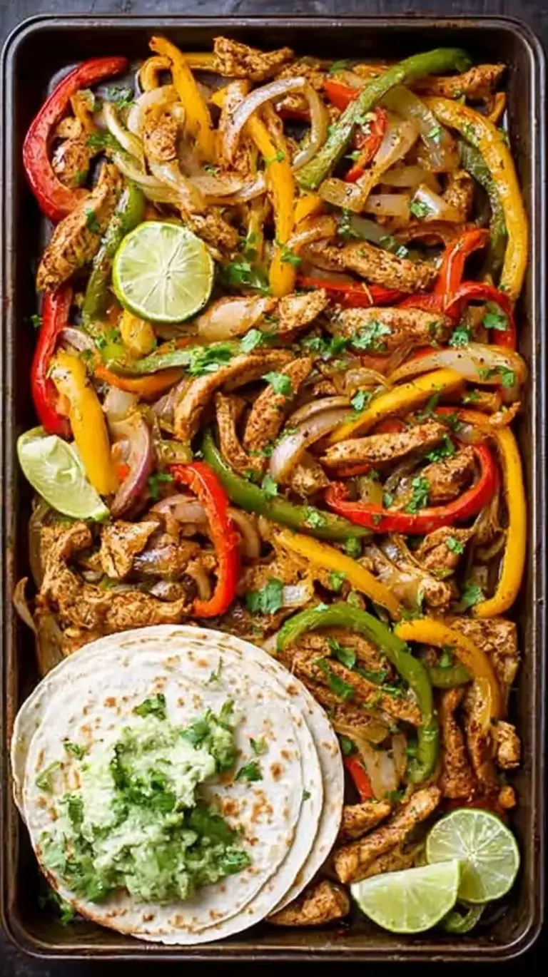 Sizzling sheet pan chicken fajitas with colorful bell peppers and red onions on a baking sheet.