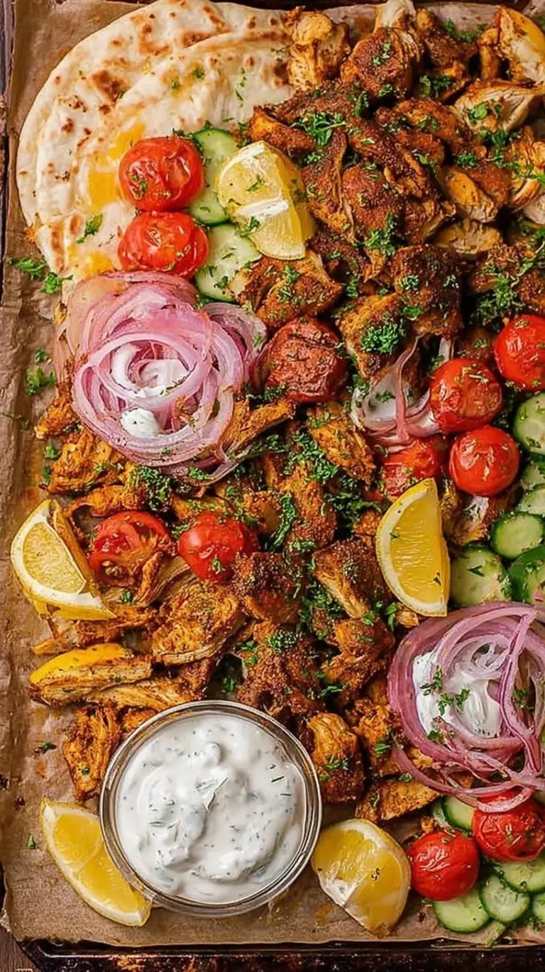 Golden roasted chicken strips with red onions and bell peppers on a sheet pan