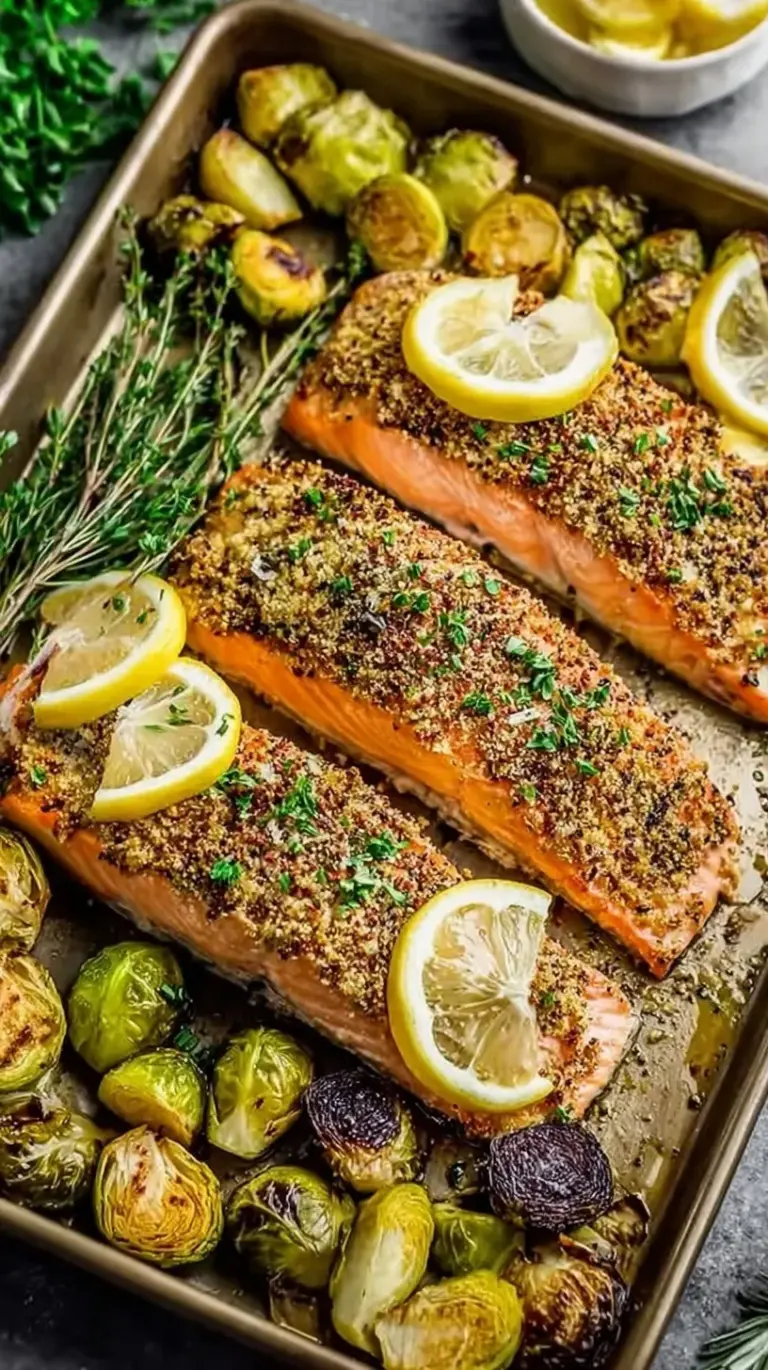 Roasted salmon fillets with caramelized Brussels sprouts and lemon slices on a sheet pan