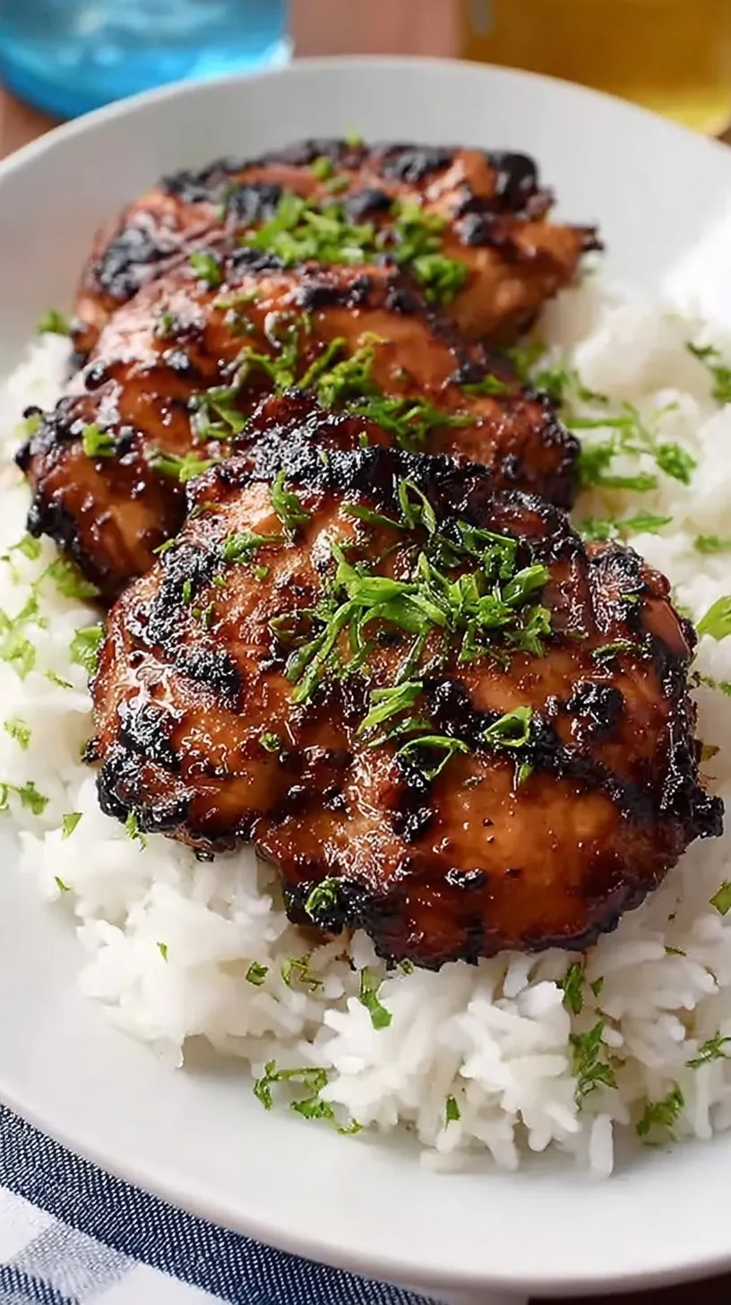 Tender chicken thighs glazed in a dark soy sauce reduction with green onions over white rice