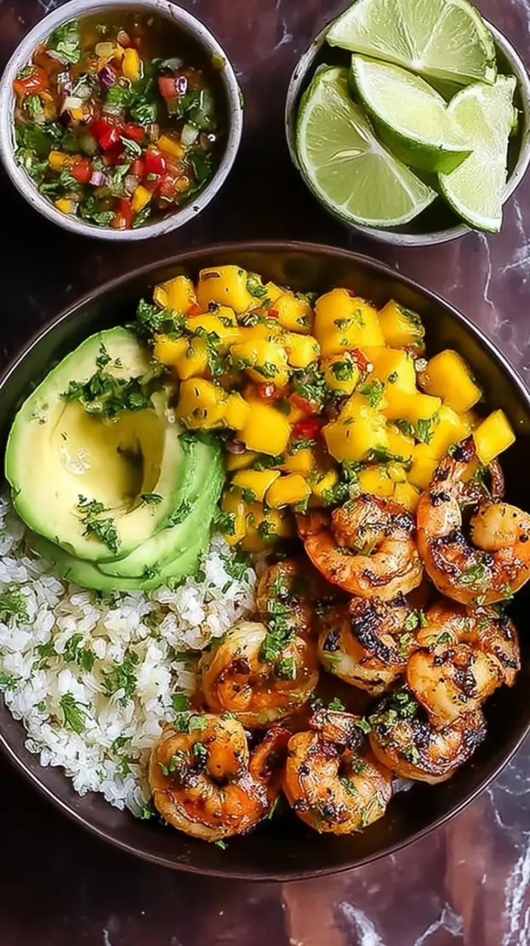 A colorful shrimp and avocado bowl with mango salsa and lime-chili drizzle on a bed of rice.