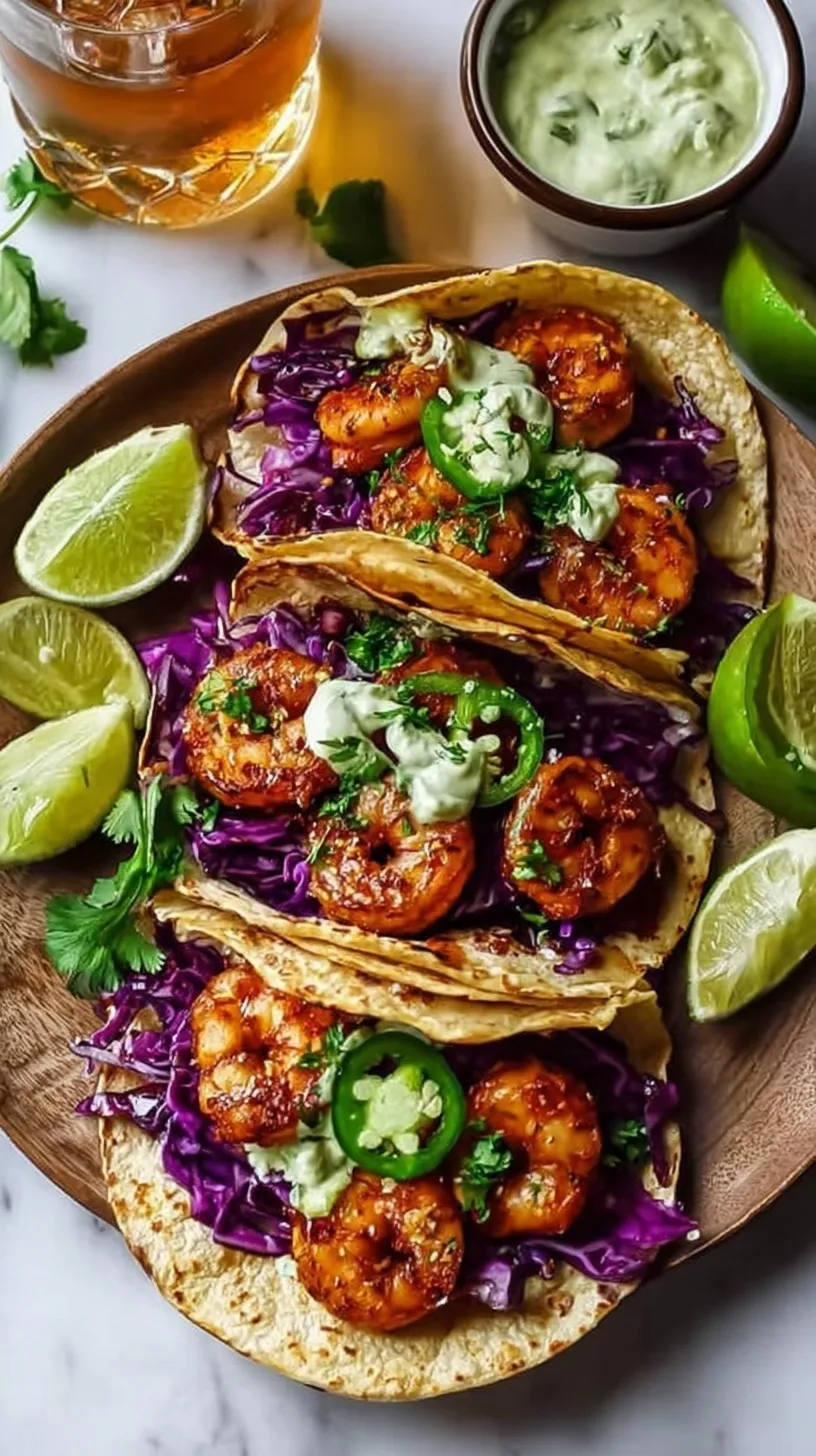 Platter of shrimp tacos topped with green cabbage and drizzled with white cilantro-lime crema