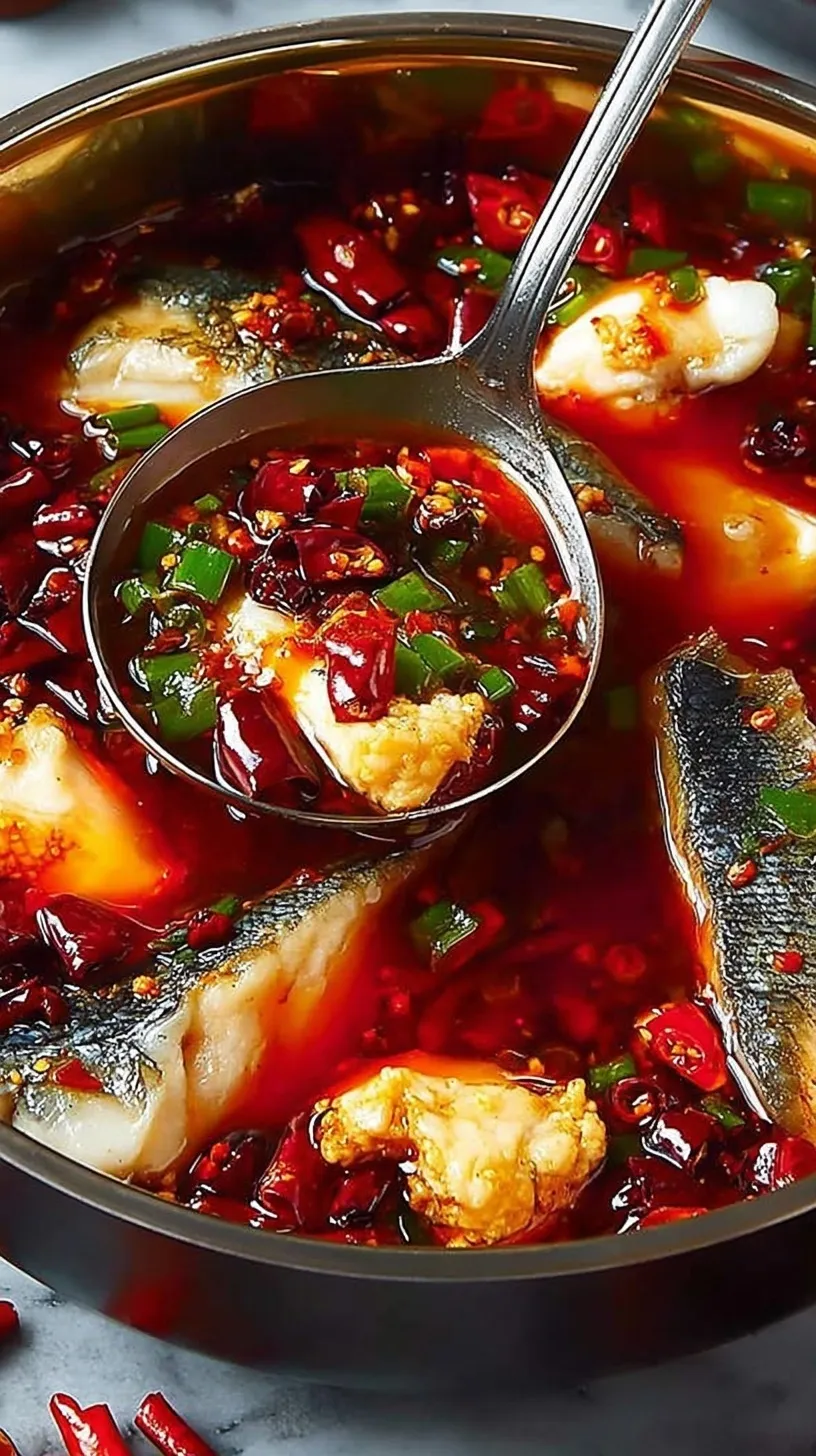 A large bowl of Sichuan spicy fish with red chilies and fresh cilantro on top.