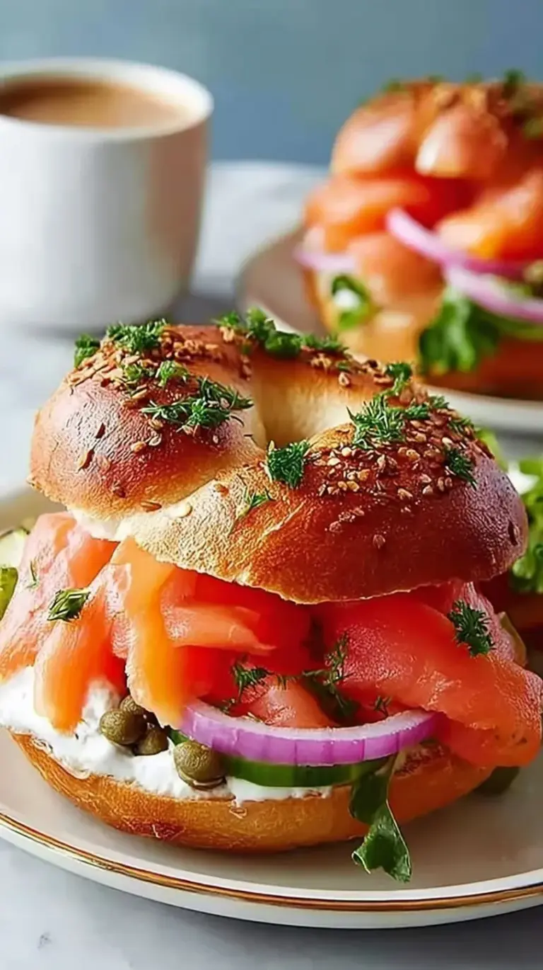 A toasted bagel topped with silky cream cheese, pink smoked salmon, red onions, capers, and fresh green dill.