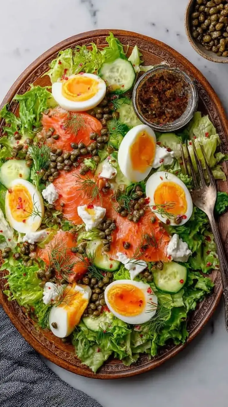 A colorful smoked trout brunch platter with sliced cucumbers, radishes, jammy eggs, and fresh dill.