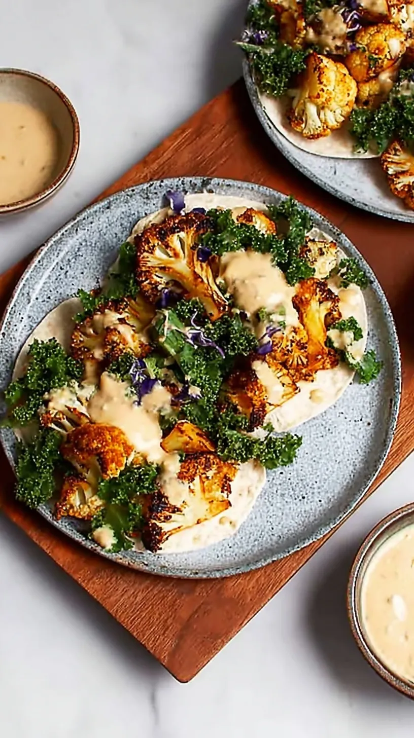 A vibrant Smoky Cauliflower Wrap filled with roasted vegetables and creamy white cashew dip.