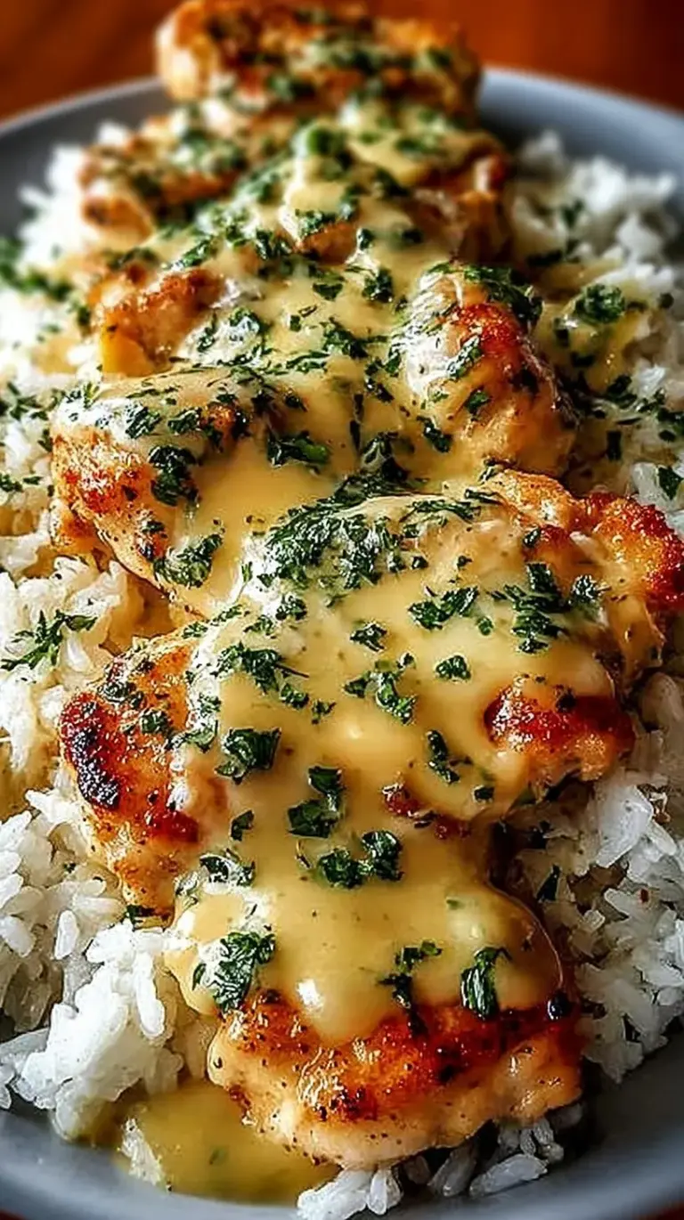 A skillet of golden chicken thighs smothered in creamy onion gravy over white rice.