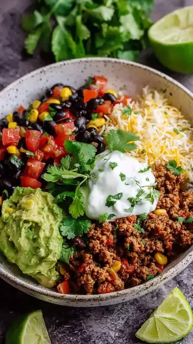 Colorful ground turkey taco bowls with avocado, corn, and black beans on a bed of brown rice.