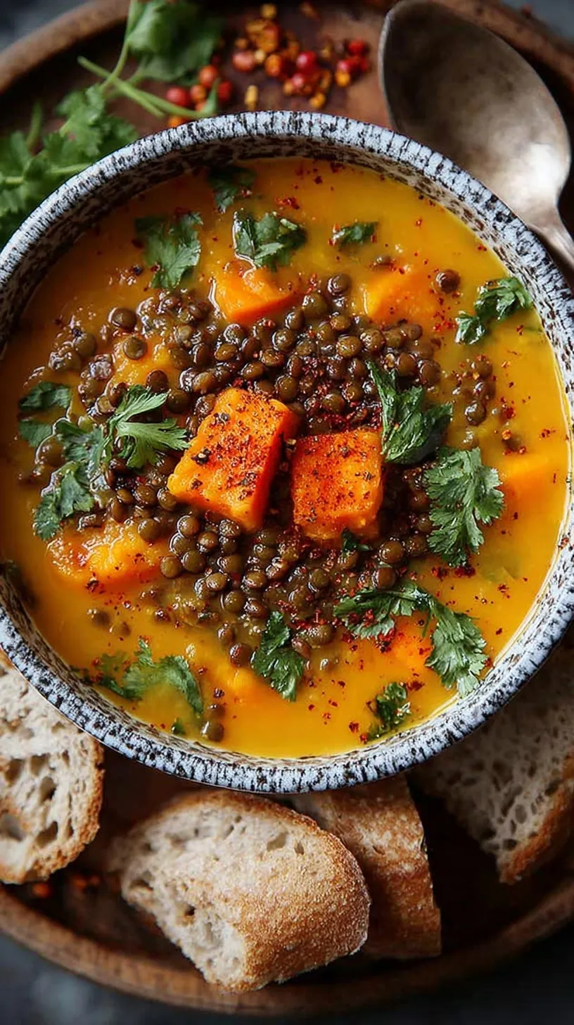 A bowl of golden orange spiced carrot and lentil soup topped with fresh green cilantro.