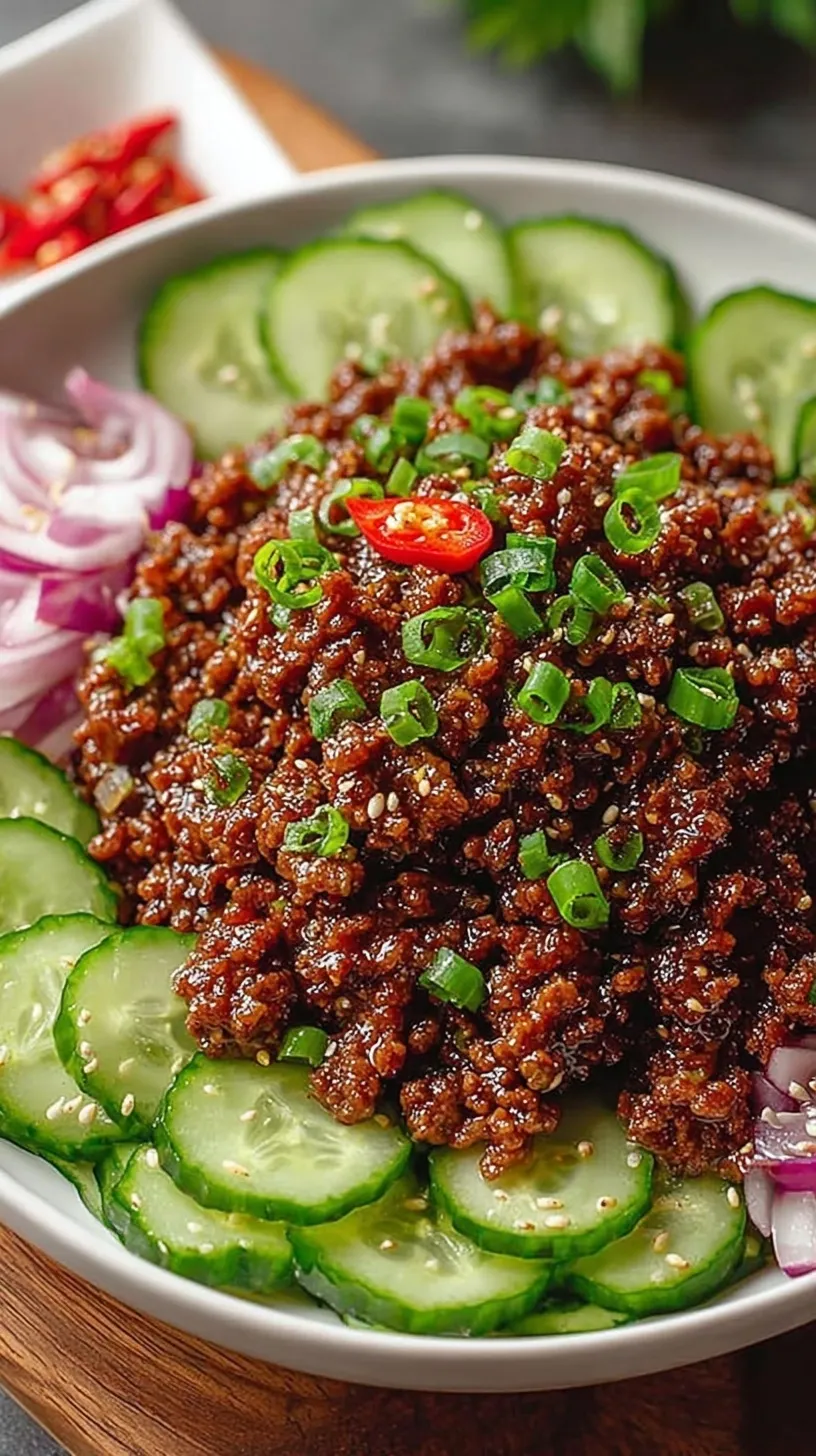 A bowl of glazed Spicy Keto Korean Beef topped with green onions and sesame seeds next to a bowl of sliced cucumber salad.