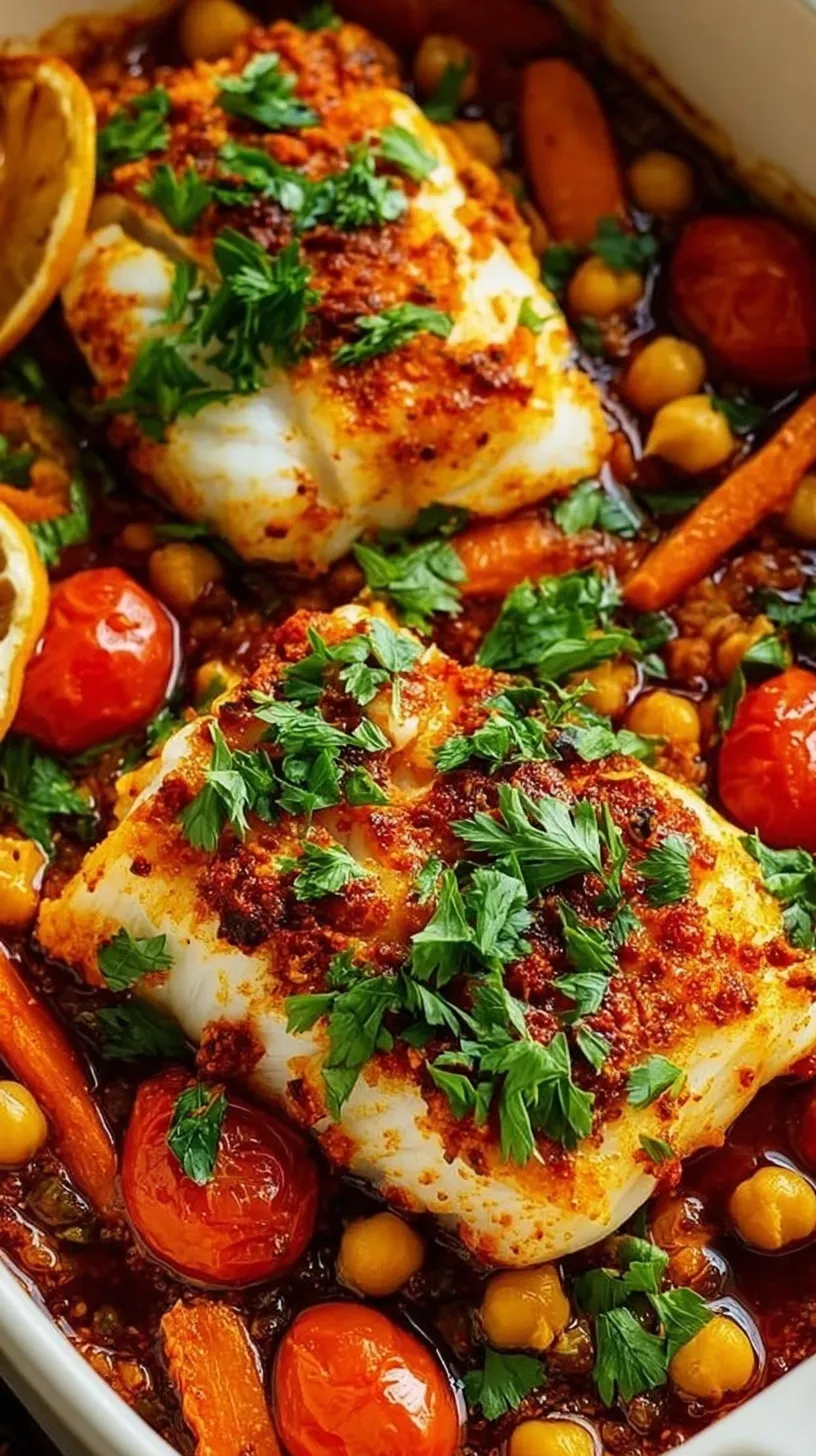 Spicy Moroccan Baked Fish fillets topped with lemon slices and olives in a baking dish with peppers and tomatoes.