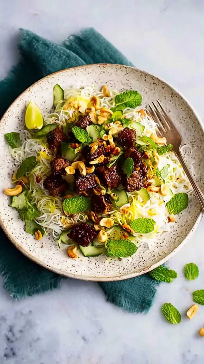 A colorful bowl of spicy tempeh and rice noodle salad with shredded carrots and fresh herbs