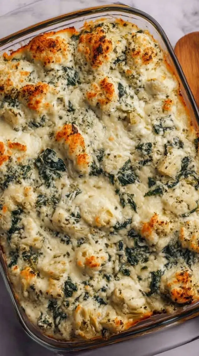 A golden brown spinach and artichoke chicken casserole in a white baking dish