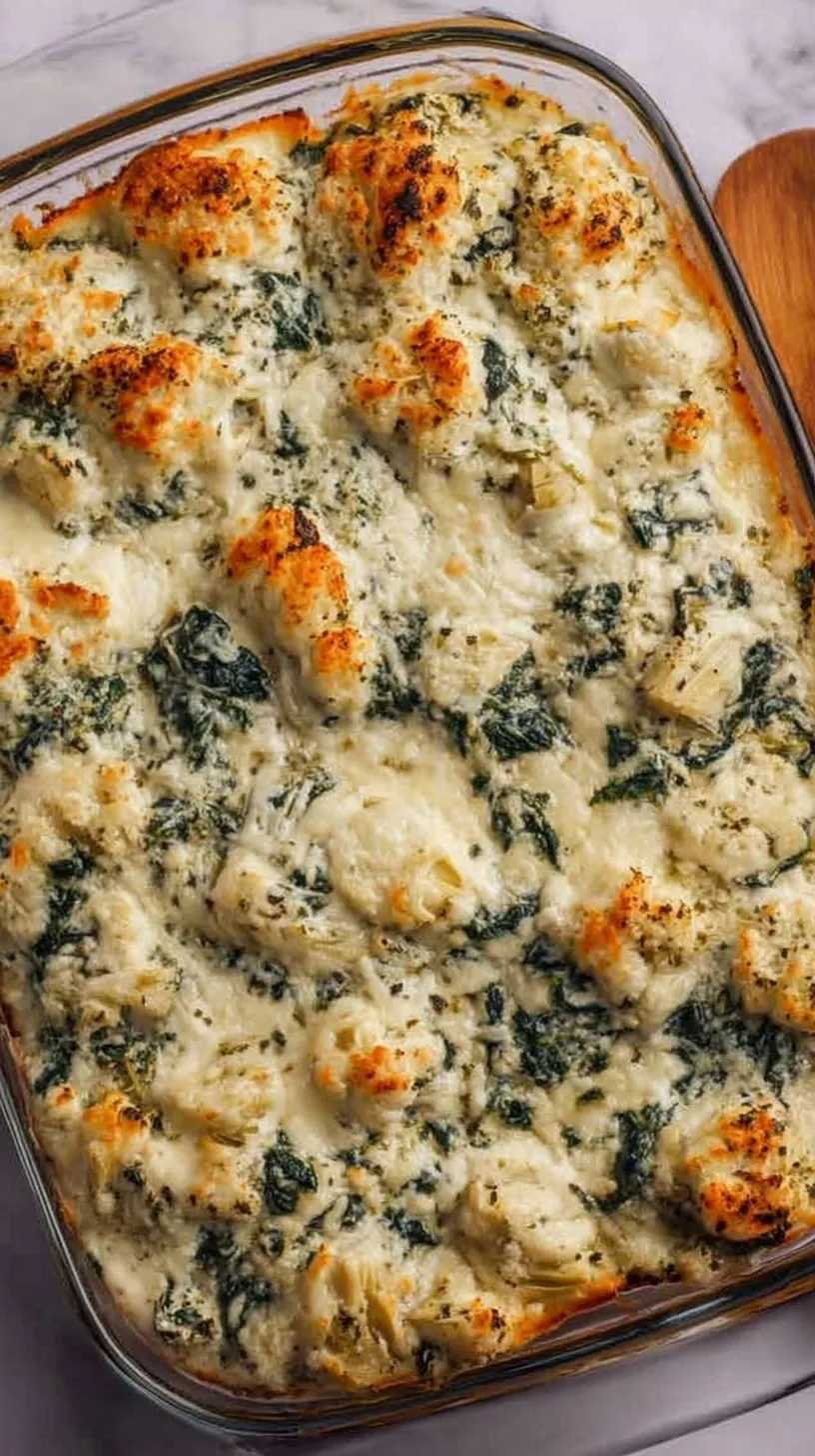 A golden brown spinach and artichoke chicken casserole in a white baking dish
