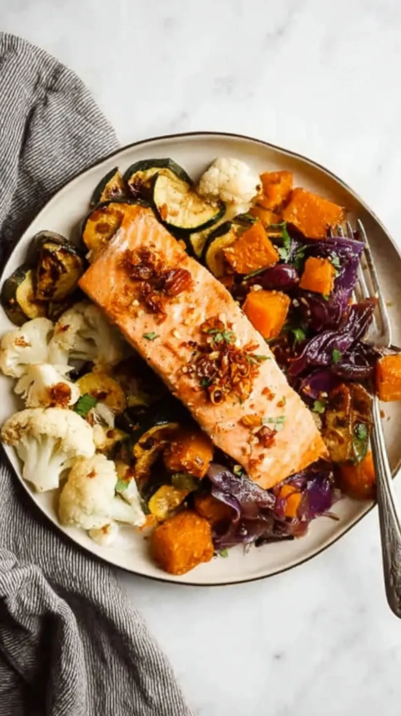 A colorful sheet pan featuring glazed salmon fillets and golden roasted butternut squash cubes topped with scallions.