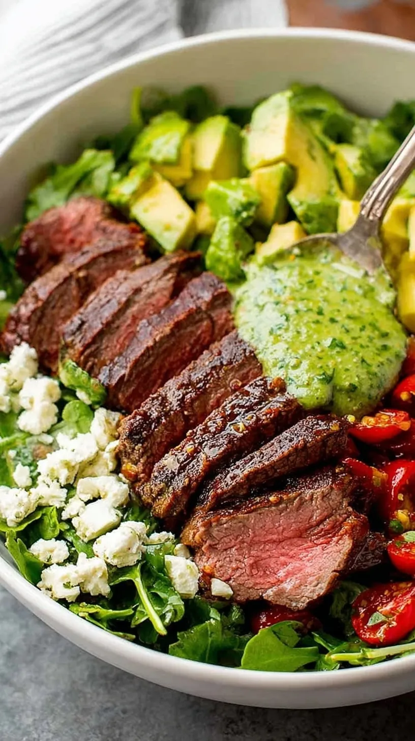 Slices of seared flank steak and fresh avocado served over a bed of spring greens with cherry tomatoes.