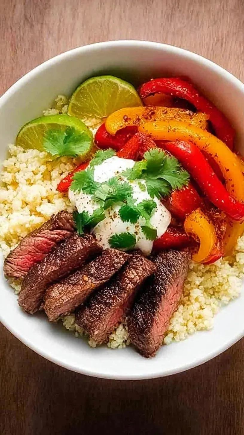 A colorful Steak Fajita Bowl featuring sliced steak, bell peppers, onions, black beans, and avocado over cilantro lime rice.