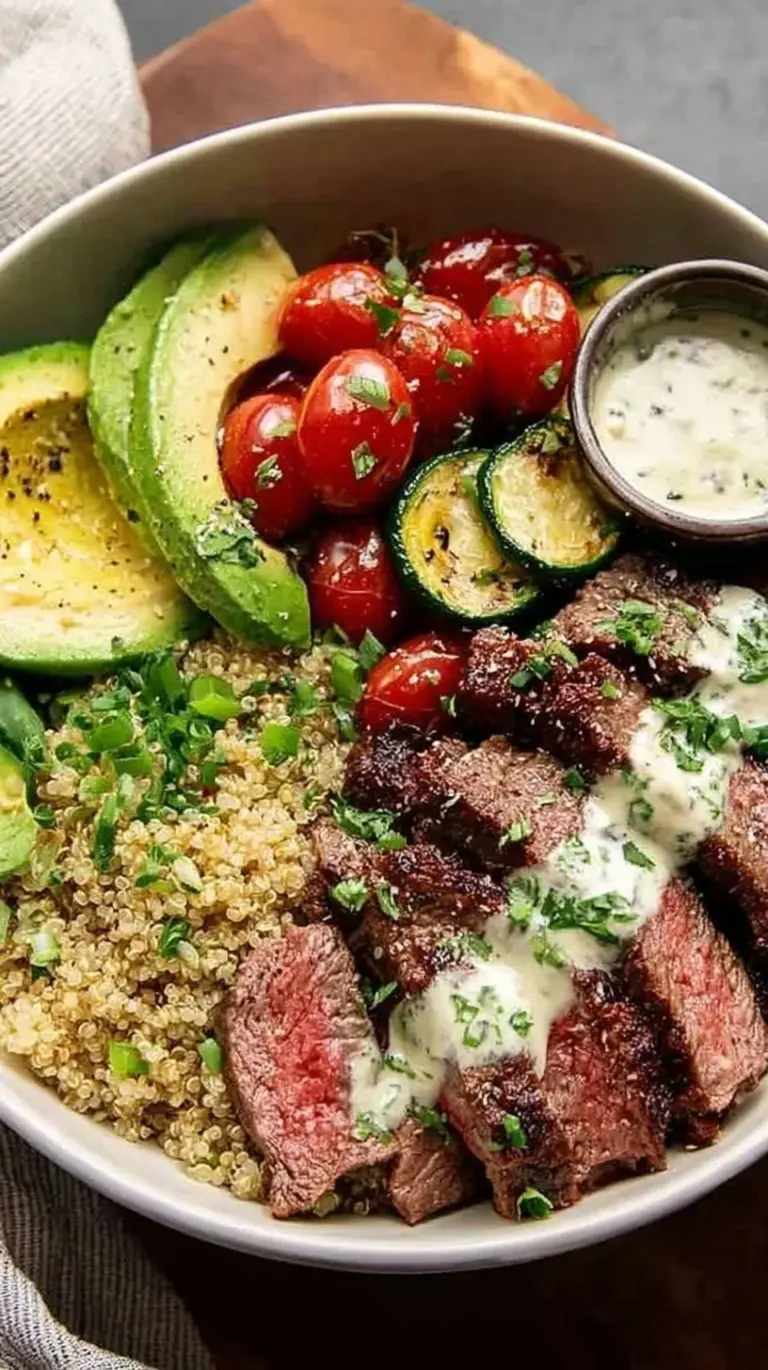 A colorful steak quinoa bowl with sliced sirloin, cherry tomatoes, and cucumber over fluffy quinoa.