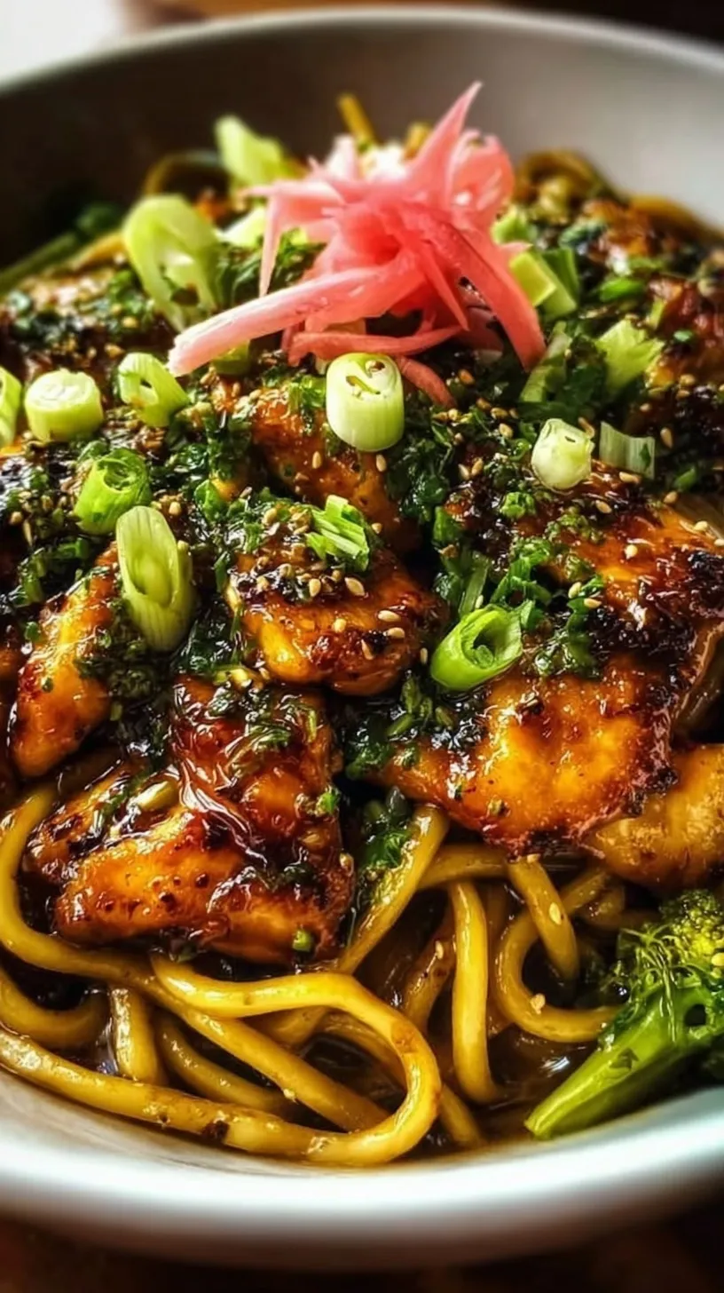 A bowl of glossy Sticky Garlic Chicken Noodles garnished with green onions and sesame seeds