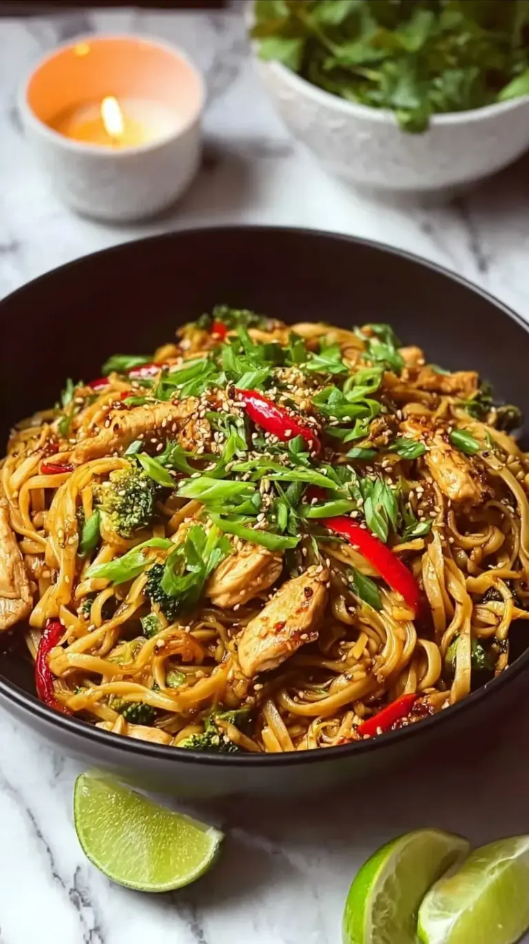 A bowl of glossy Hoisin Garlic Chicken Noodles with broccoli and red peppers garnished with green onions and sesame seeds.