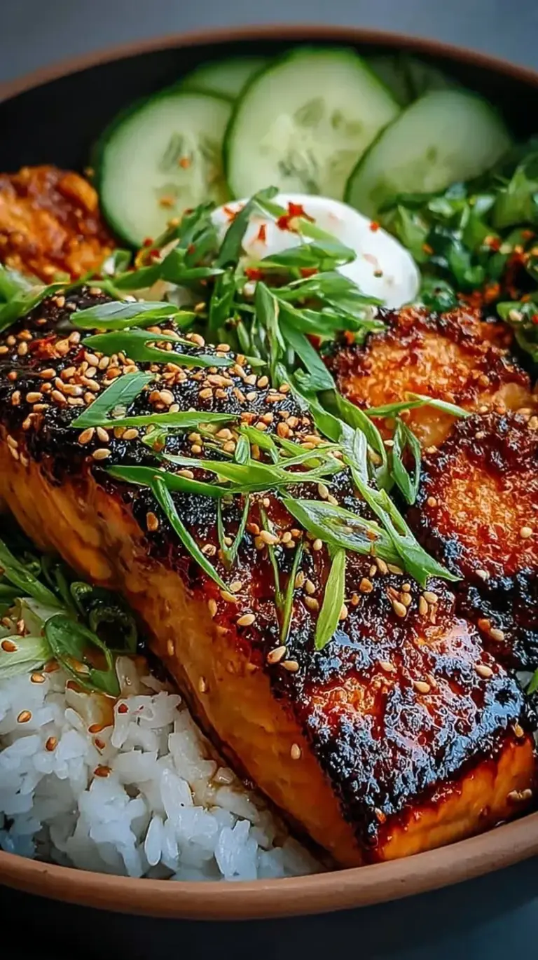 A vibrant bowl featuring seared salmon with a sticky orange glaze, jasmine rice, steamed broccoli, and sliced cucumbers.