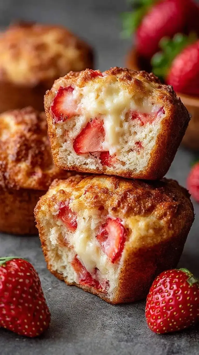 A tray of golden-brown strawberry protein muffins with fresh berry pieces visible.