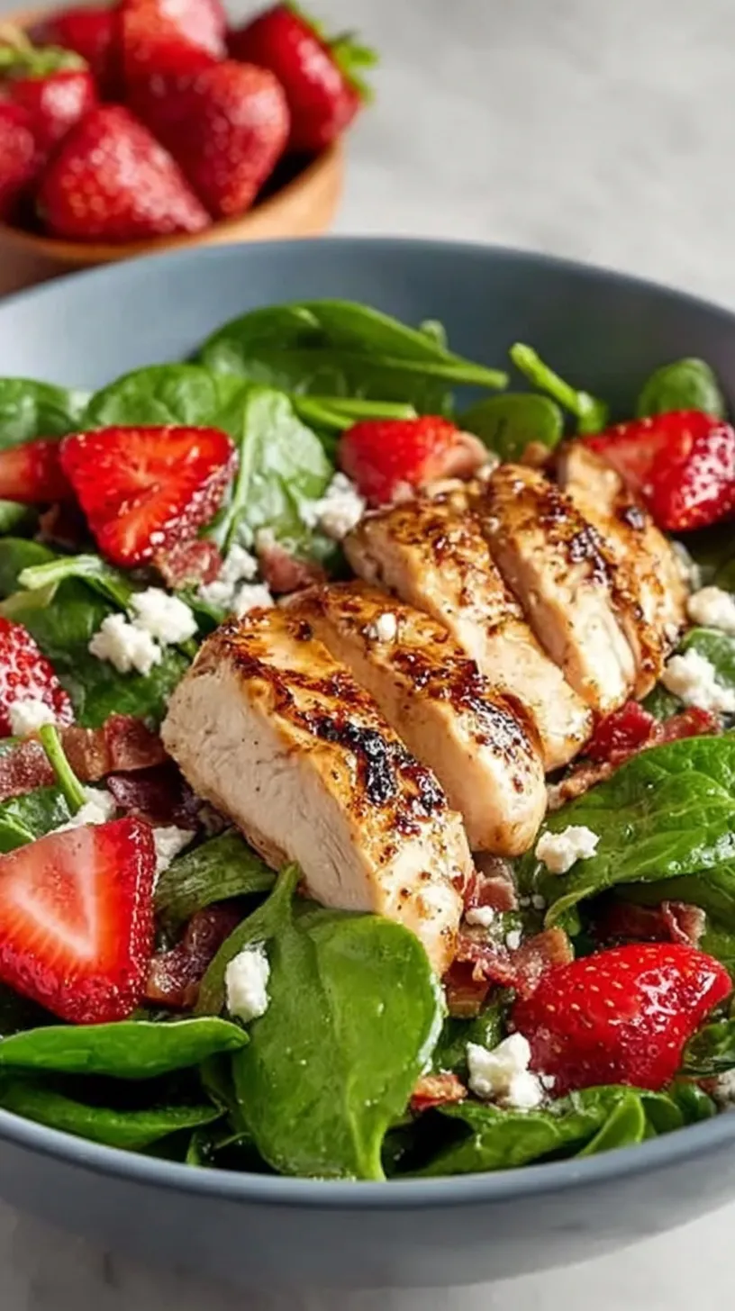 A colorful bowl of strawberry spinach salad topped with sliced grilled chicken, pecans, and feta cheese.