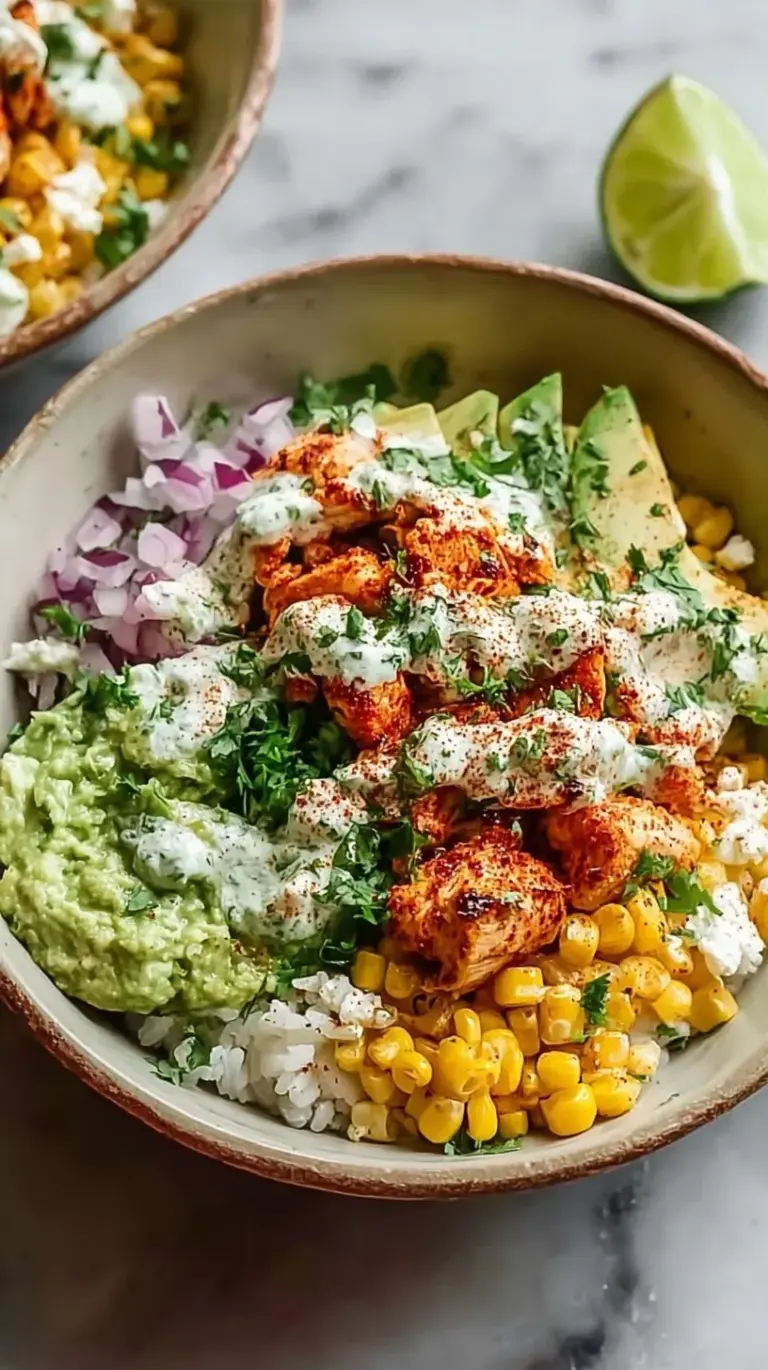 A colorful bowl with grilled chicken cubes, charred corn salad, cilantro-lime rice, and sliced avocado.
