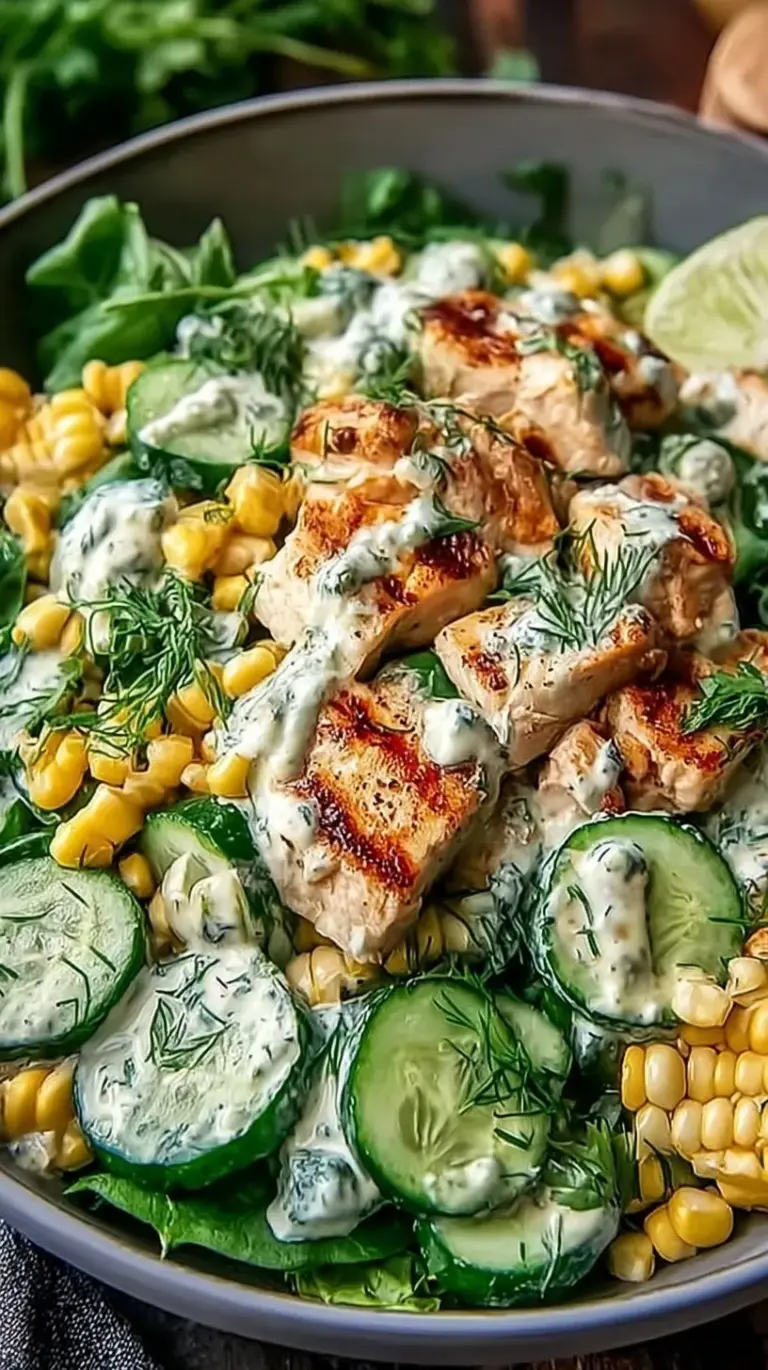 A colorful bowl of creamy chicken salad with charred corn, diced cucumbers, and cotija cheese.