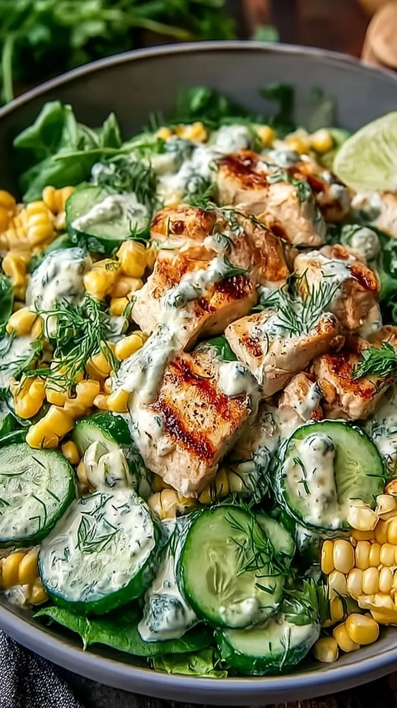 A colorful bowl of creamy chicken salad with charred corn, diced cucumbers, and cotija cheese.