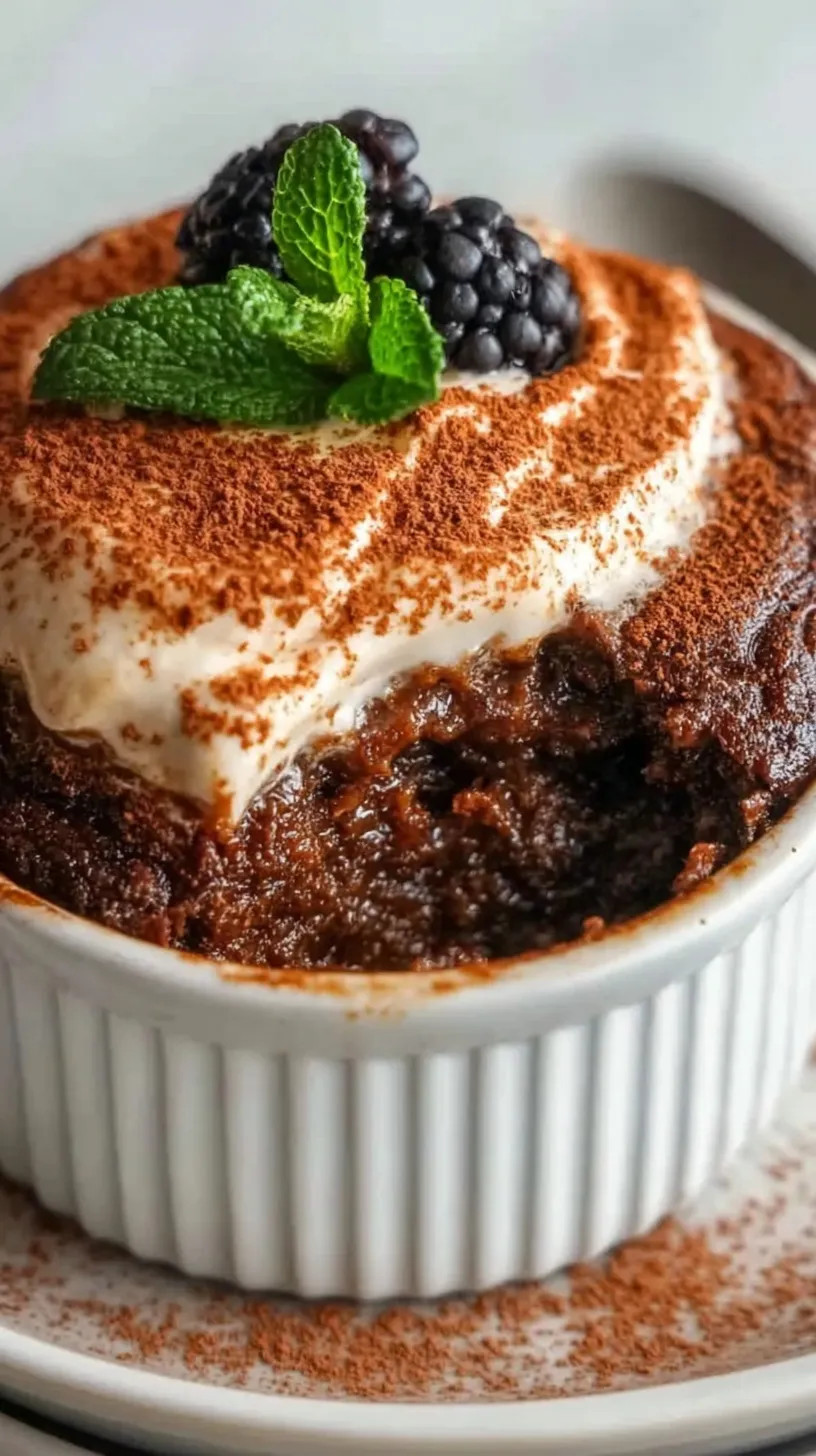 A dish of chocolatey mocha protein baked oats topped with melted chocolate chips.