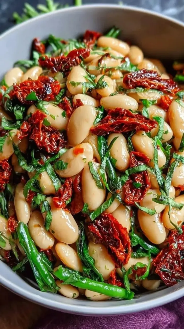 A colorful bowl of Sun-Dried Tomato Cannellini Bean Salad with fresh parsley and red onions.