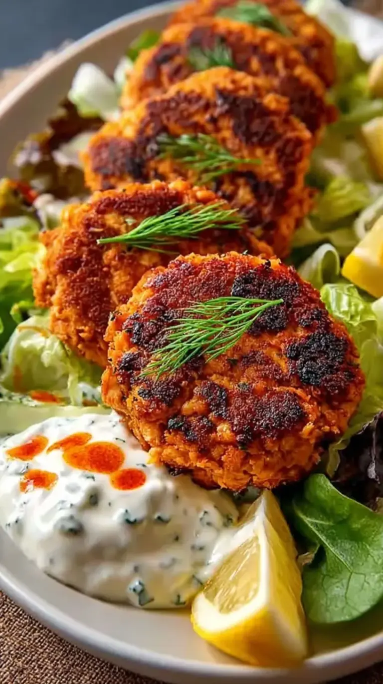 Golden-brown sweet potato salmon cakes on a plate with a dollop of creamy sauce and fresh dill