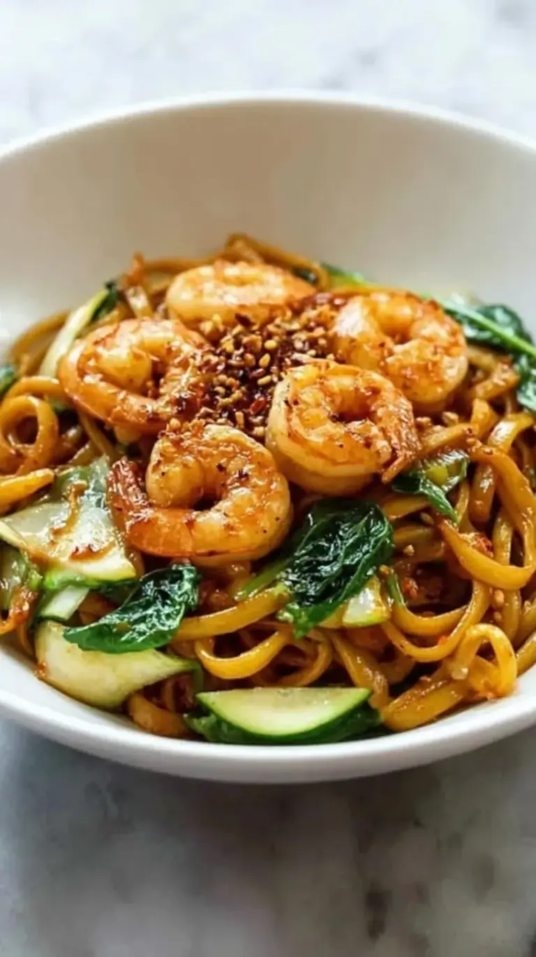 A steaming bowl of Szechuan noodles with succulent shrimp, topped with green onions and chili oil.
