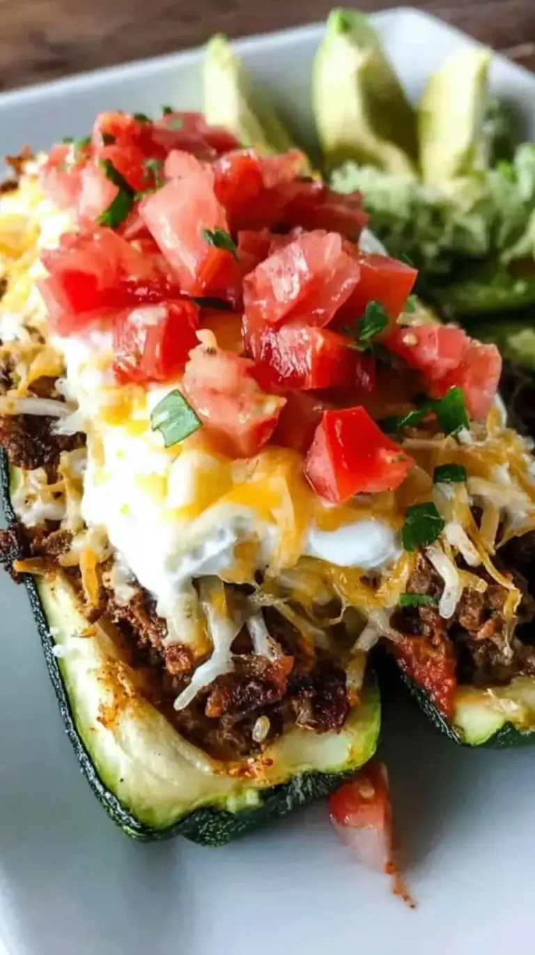 Golden baked taco-stuffed zucchini boats topped with melted cheese and fresh cilantro in a baking dish.