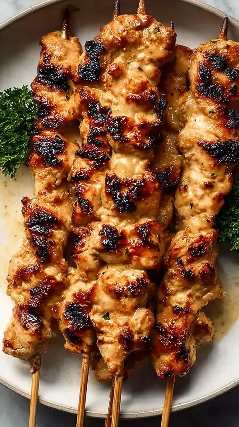 Grilled tahini chicken skewers on a platter with lemon wedges and fresh herbs