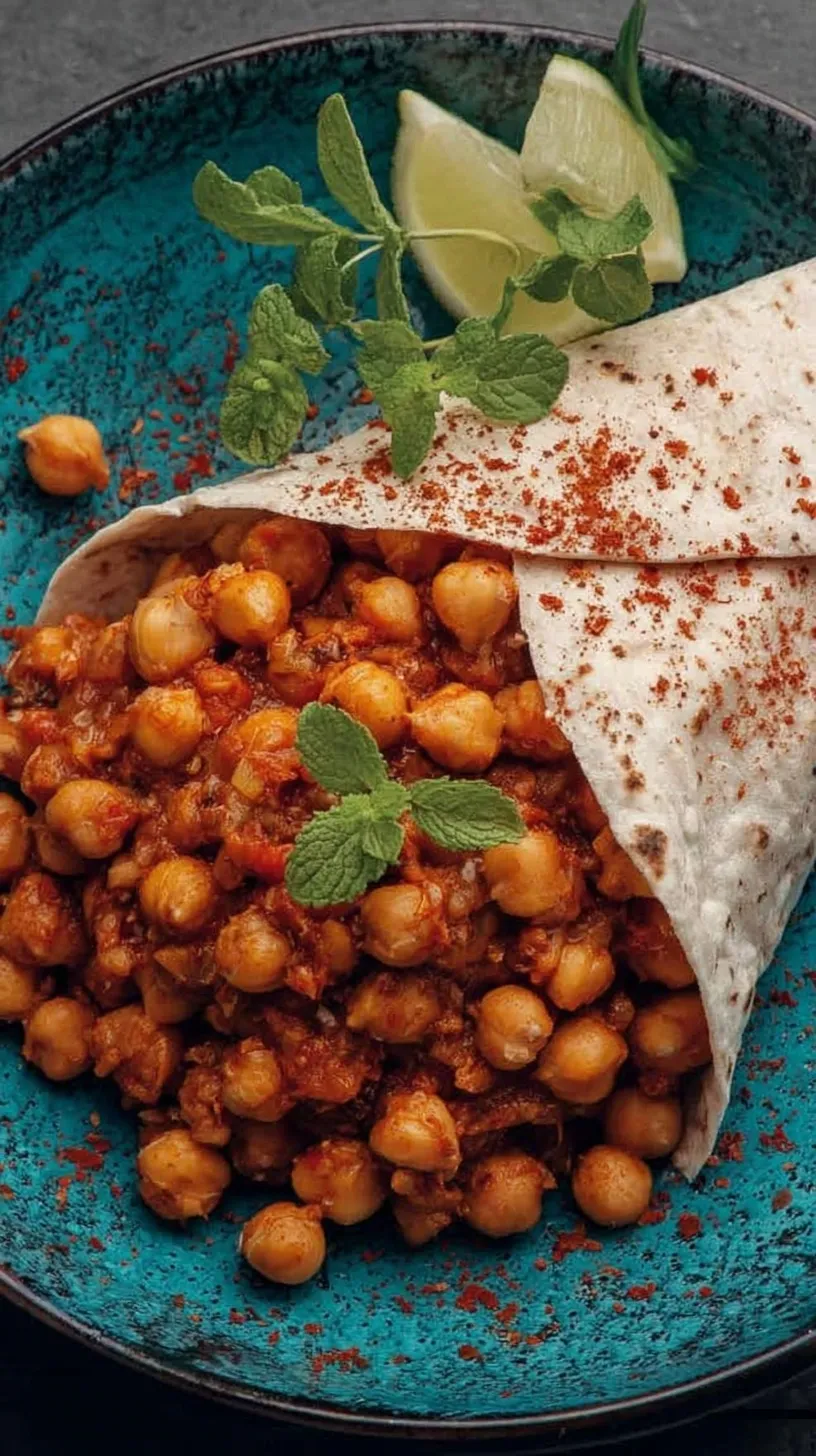 A bowl of dark, rich tea-infused chana masala garnished with fresh cilantro