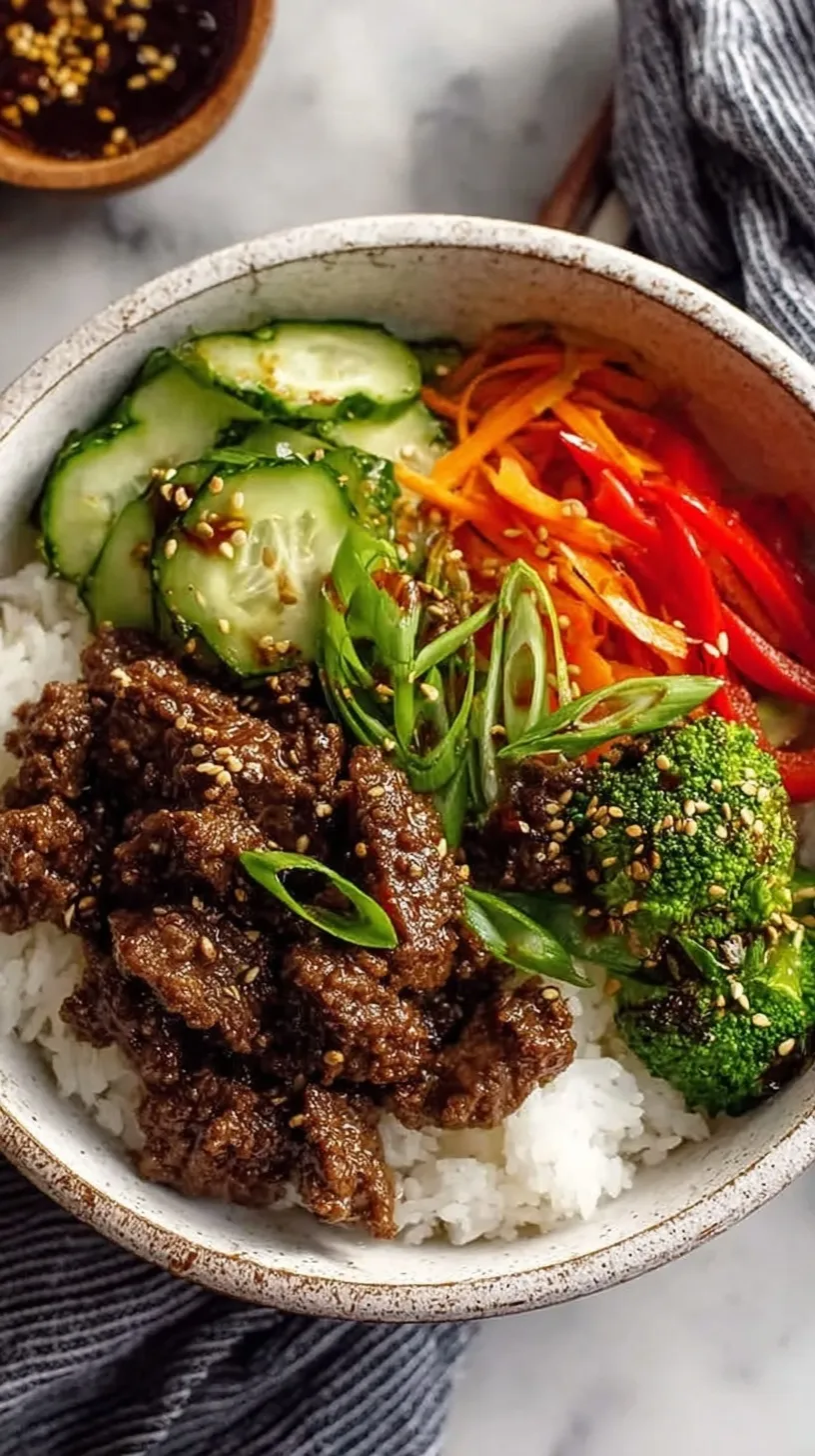 A colorful bowl of sliced teriyaki beef over jasmine rice with steamed broccoli and green onions.