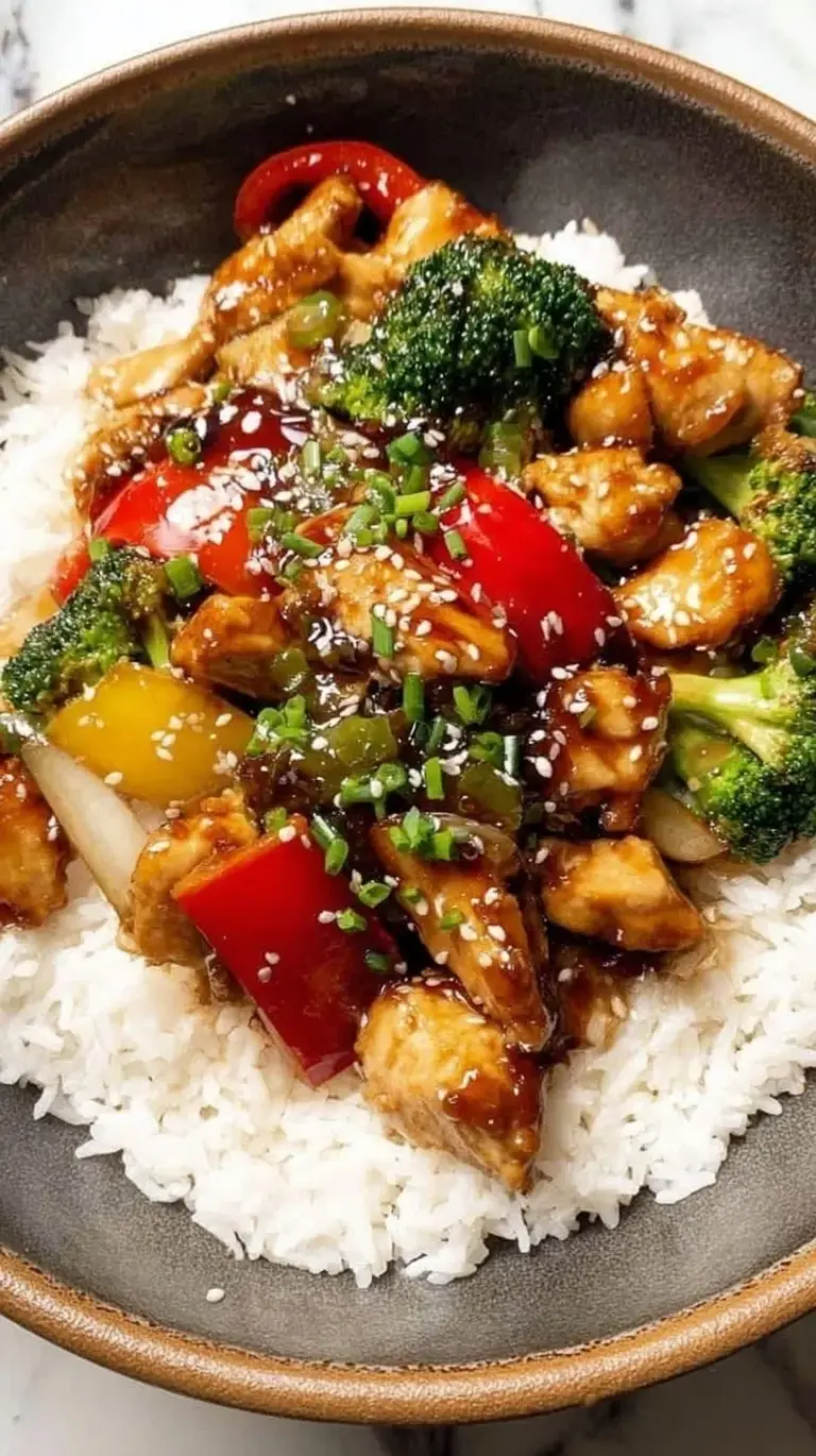 Colorful Teriyaki Chicken Stir Fry with broccoli, carrots, and peppers in a glossy sauce garnished with sesame seeds.