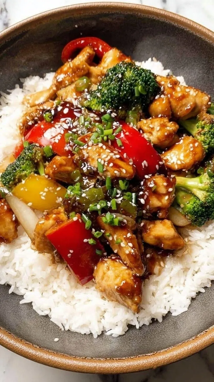 Colorful Teriyaki Chicken Stir Fry with broccoli, carrots, and peppers in a glossy sauce garnished with sesame seeds.