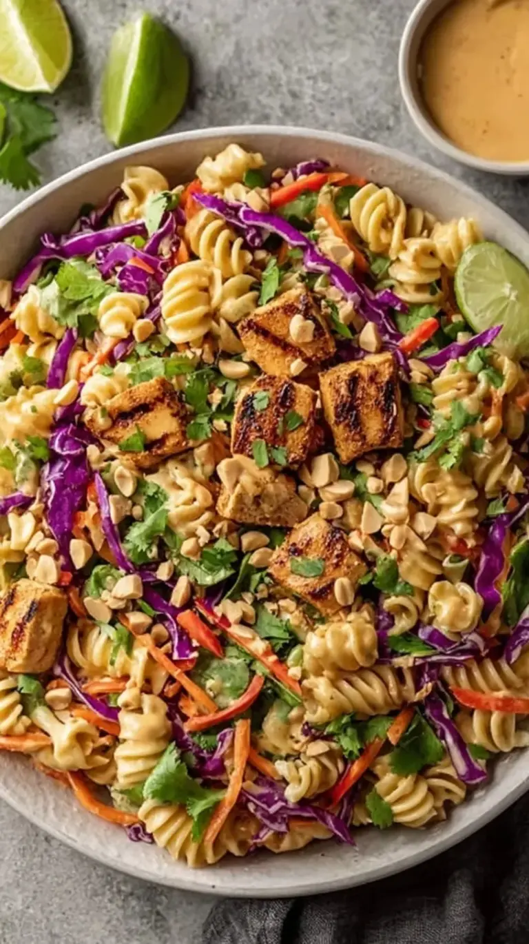 A colorful bowl of Thai peanut pasta salad with edamame, red cabbage, and peanuts.