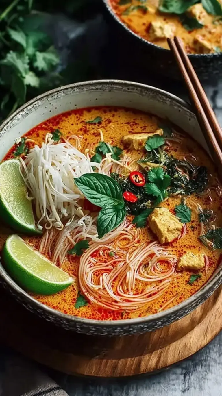 A steaming bowl of Thai Red Curry Noodle Soup with chicken, red peppers, and lime wedges
