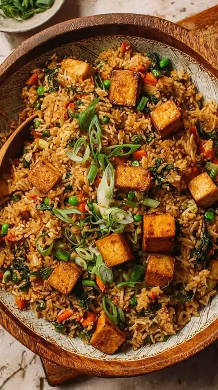 A colorful bowl of High-Protein Tofu Fried Rice with golden tofu cubes, green onions, and edamame.