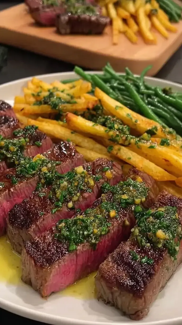 A perfectly seared ribeye steak topped with melting truffle butter next to green herb-tossed fries.