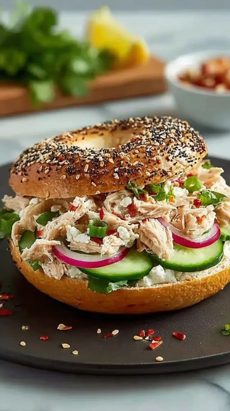 A toasted everything bagel topped with creamy tuna salad, fresh tomato slices, and crisp green lettuce.