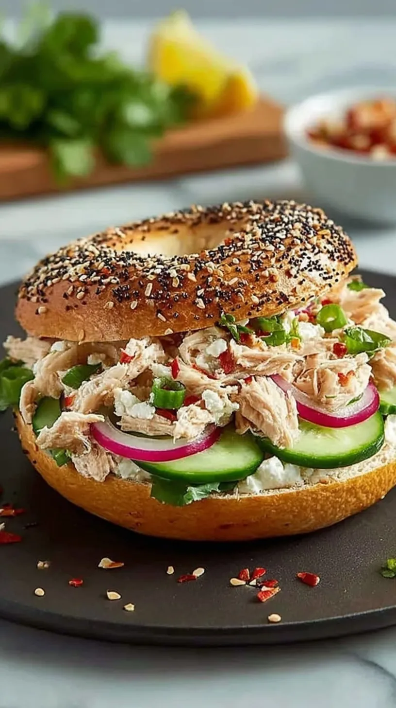 A toasted everything bagel topped with creamy tuna salad, fresh tomato slices, and crisp green lettuce.