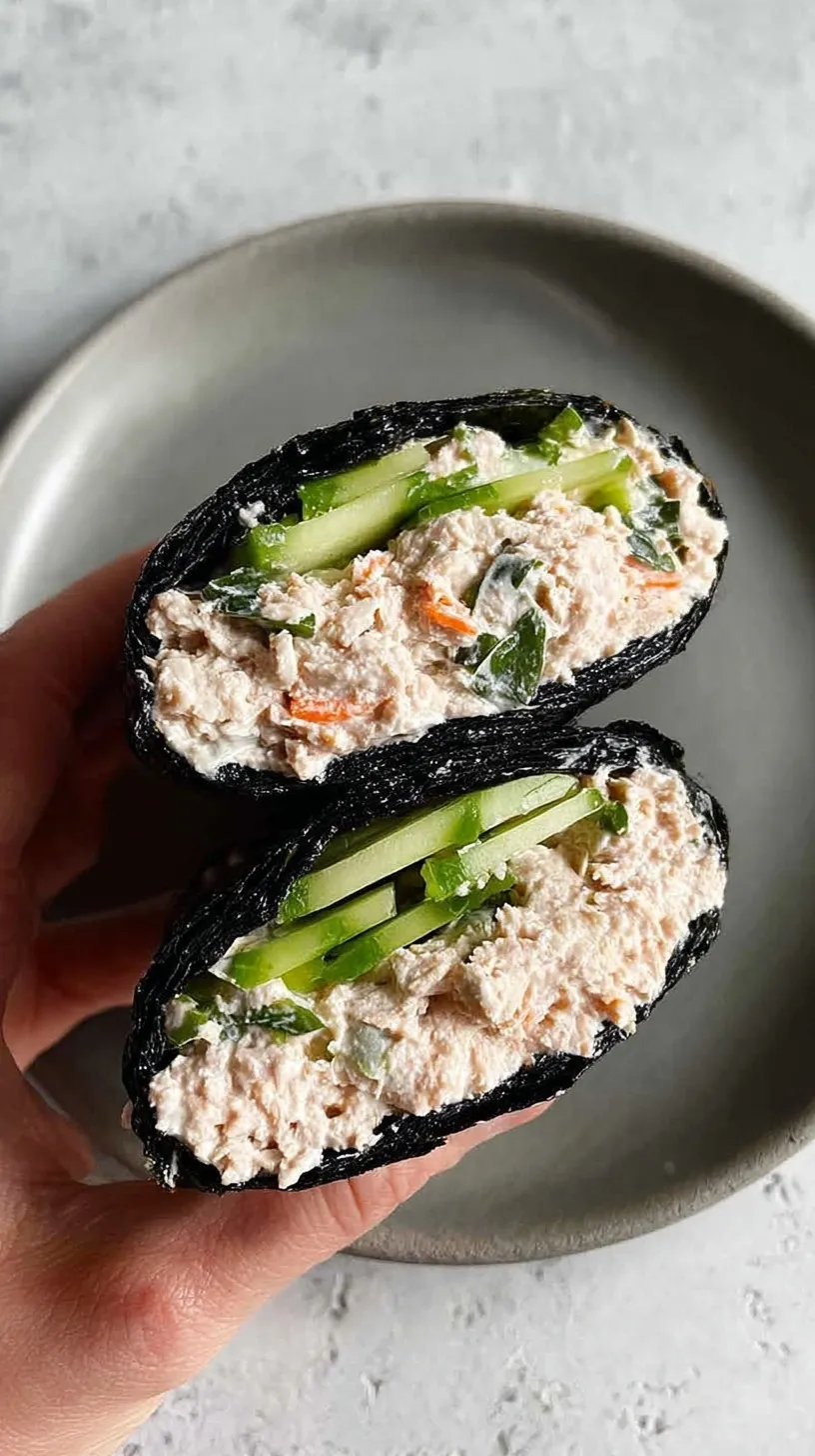 Fresh tuna salad nori wraps filled with avocado, cucumber, and microgreens on a white plate.